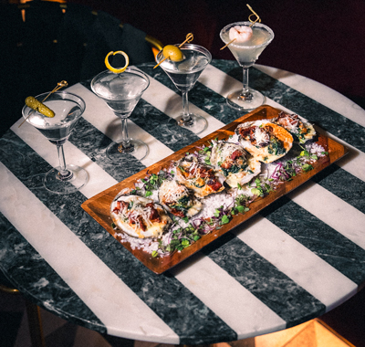 Plume Oysters and mini Martinis